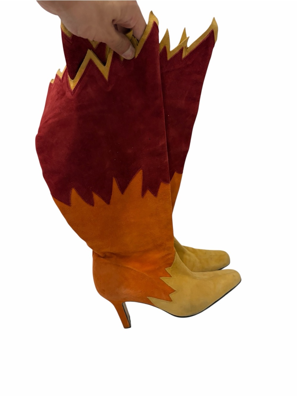 Women’s Suede Flame-Accent Knee Boots in Burgundy, Orange & Yellow